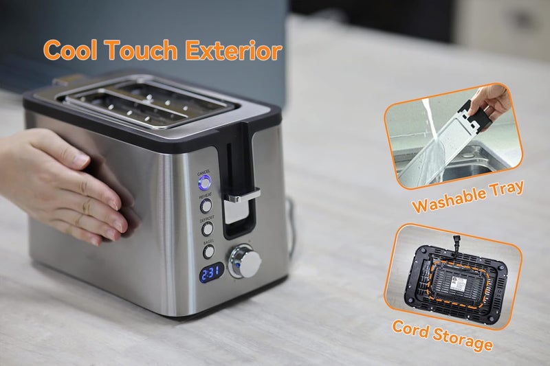 Mecity Toaster 2 Slice Stainless Steel Body, Timer, Bagel, Defrost, Reheat, Cancel Functions, Warming Rack, Removable Tray, 6 Browning Settings, Extra Wide Slots, Bread Toaster 800W - Image 5
